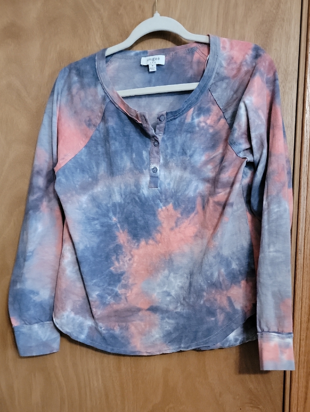 Umgee Tie-Dye Henley Long Sleeve Top - Coral & Slate
